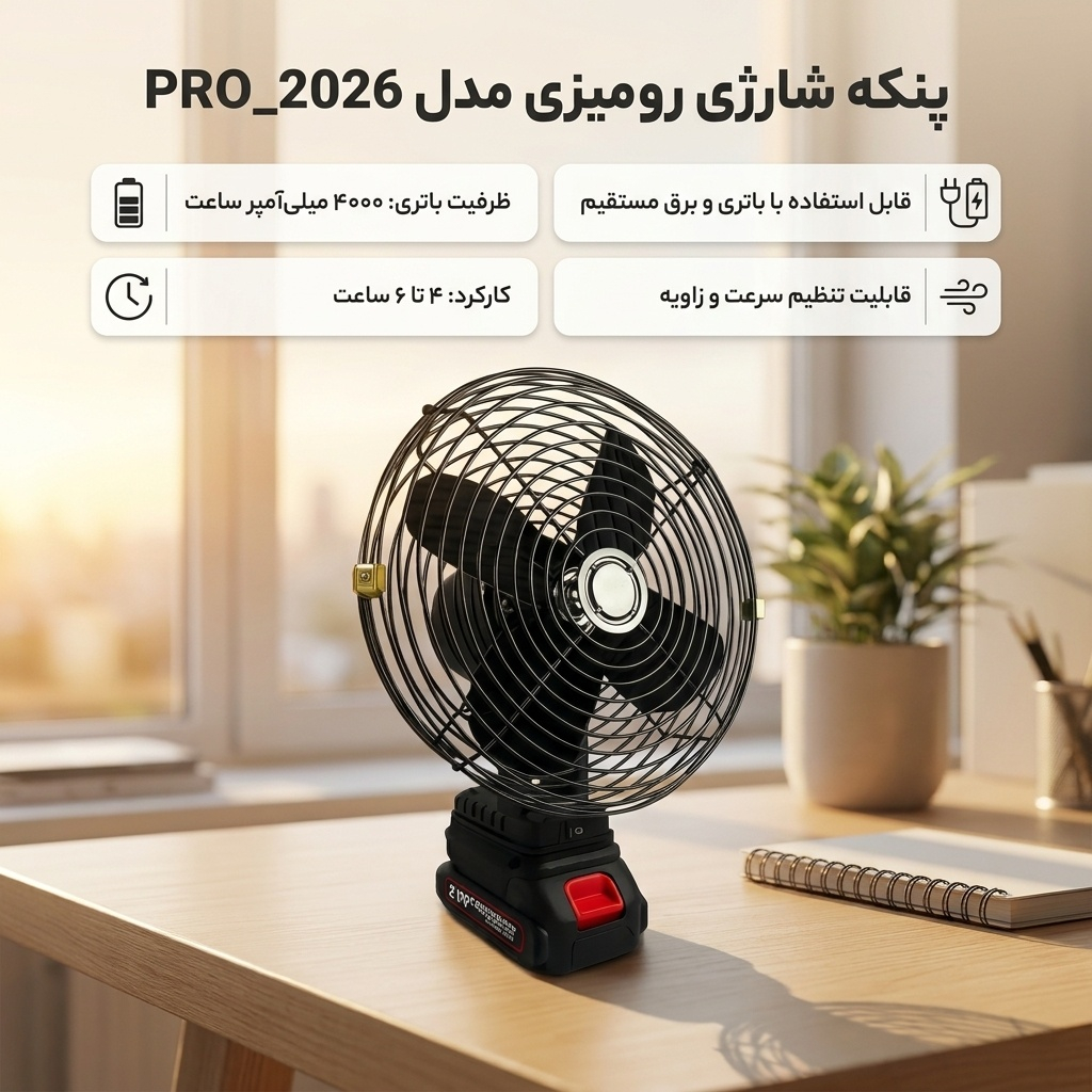 پنکه شارژی رومیزی مدل PRO_2026 ظرفیت 4000 میلی آمپر ساعت - تصویر 2